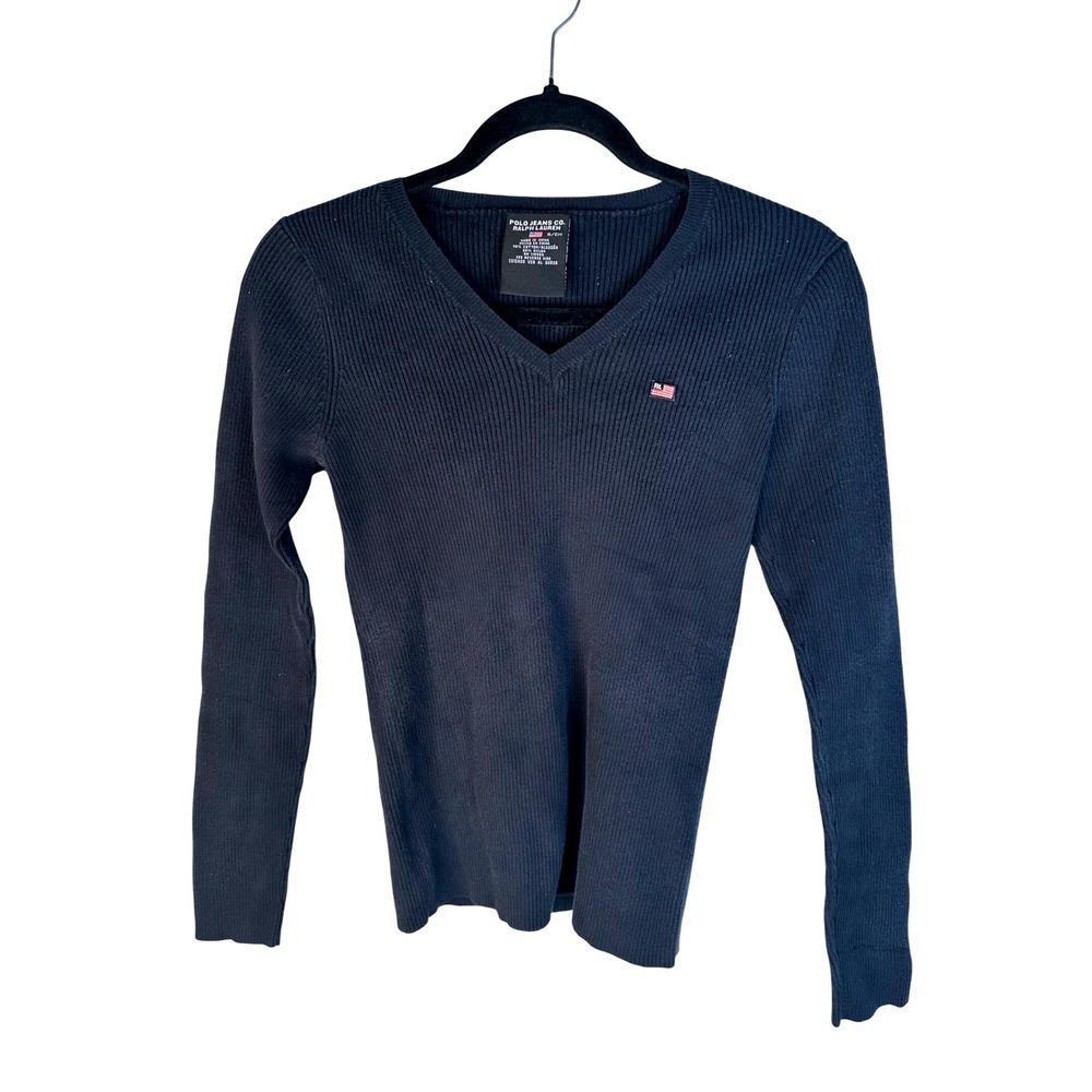 Polo Jeans Co Ralph Lauren Women's Blue Ribbed V-Neck Long Sleeve Top Small